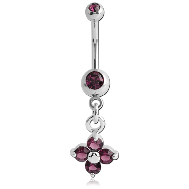 SURGICAL STEEL DOUBLE JEWELED MINI NAVEL BANANA WITH JEWELED FLOWER CHARM