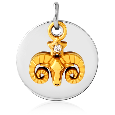 SURGICAL STEEL CHARM ARIES RAM WITH STAR GEM TWO-TONE ROUND DISC