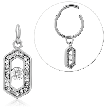 SURGICAL STEEL CHARM ELONGATED HEXAGON FRAME PAVE BORDER CENTER GEM