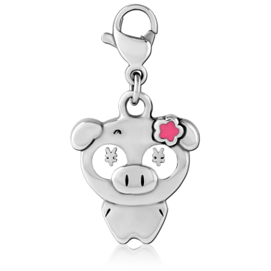 SURGICAL STEEL CHARM ENAMEL PIG FACE WITH FLOWER WITH LOBSTER CLASP