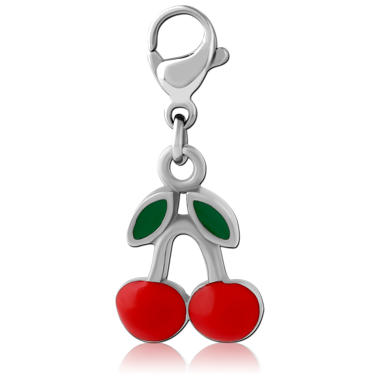 SURGICAL STEEL CHARM ENAMEL RED CHERRIES DANGLE WITH LOBSTER CLASP