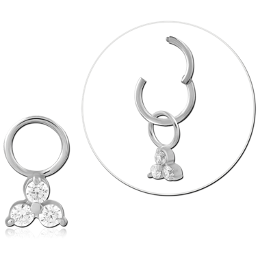 14K WHITE GOLD CHARM TRIPLE ROUND GEM DANGLE WITH JUMP RING