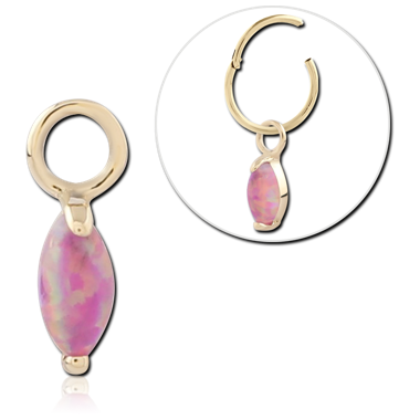STERILE 14K YELLOW GOLD CHARM MARQUISE PINK OPAL CABOCHON PRONG SET DROP