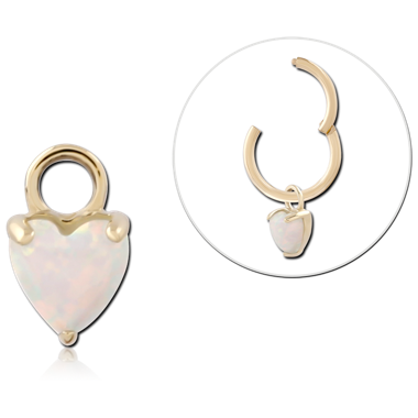 STERILE 14K YELLOW GOLD CHARM HEART WHITE OPAL CABOCHON PRONG SET DROP