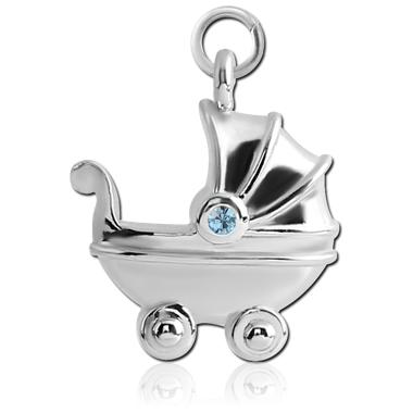 STERILE RHODIUM PLATED BRASS JEWELED CHARM - BABY STOLLER