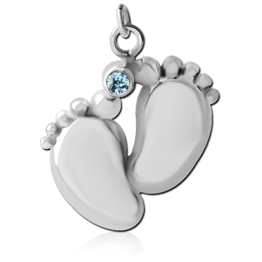 STERILE RHODIUM PLATED BRASS JEWELED CHARM - BABY FEET