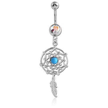 STERILE SURGICAL STEEL JEWELED NAVEL BANANA WITH DREAMCATCHER FEATHER CHARM