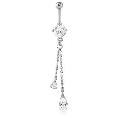 STERILE RHODIUM PLATED BRASS JEWELED NAVEL BANANA WITH DANGLING CHARM - PEAR AND ROUND