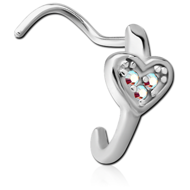 SURGICAL STEEL CURVED JEWELED WRAP AROUND NOSE STUD - THIN BAR HEART