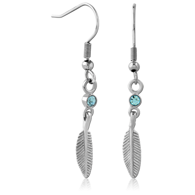 RHODIUM PLATED BRASS JEWELED EARRINGS PAIR - FEATHER