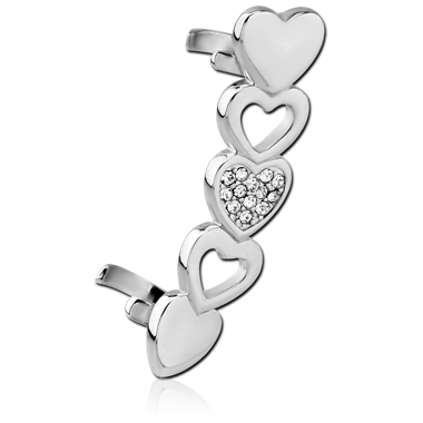 RHODIUM PLATED BRASS JEWELED EAR CUFF - HEARTS