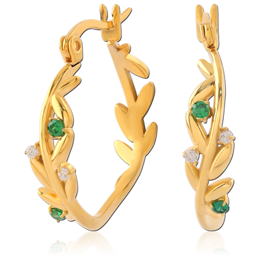 GOLD PVD COATED SURGICAL STEEL HOOP EARRINGS LEAF VINE GREEN AND CLEAR GEMS