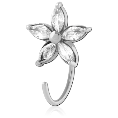 316L SURGICAL STEEL OPEN HOOP EARRING FIVE PETAL FLOWER GEM