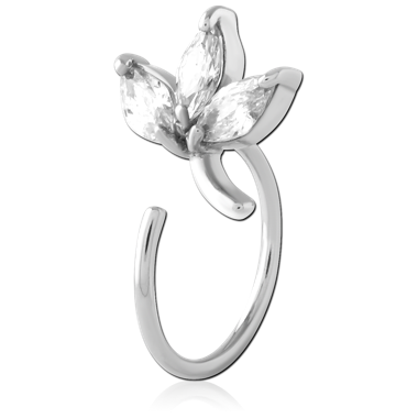 316L SURGICAL STEEL OPEN HOOP EARRING THREE PETAL FLOWER GEM