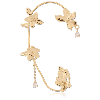 GOLD PVD 18K COATED SURGICAL STEEL LEFT EAR CUFF FLORAL VINE WITH TEARDROP CHARMS