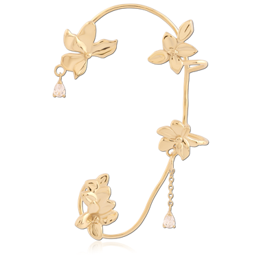 GOLD PVD 18K COATED SURGICAL STEEL RIGHT EAR CUFF FLORAL VINE WITH TEARDROP CHARMS