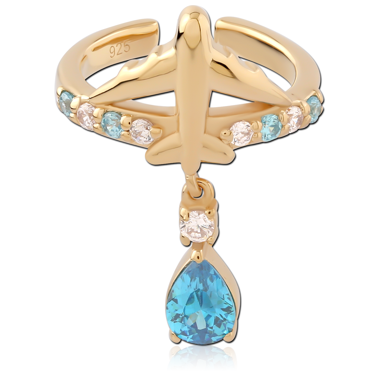 GOLD PLATED 18K STERLING SILVER 925 JEWELED EAR CUFF AIRPLANE WITH TEARDROP BLUE CHARM