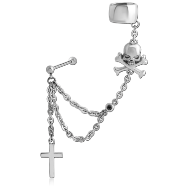 SURGICAL STEEL JEWELED EAR CUFF CHAIN WITH CROSSBONES SKULL AND CROSS