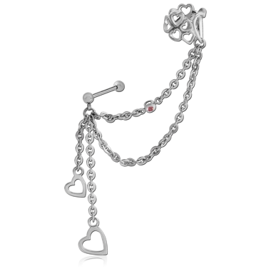 SURGICAL STEEL JEWELED EAR CUFF CHAIN WITH TWO HEARTS