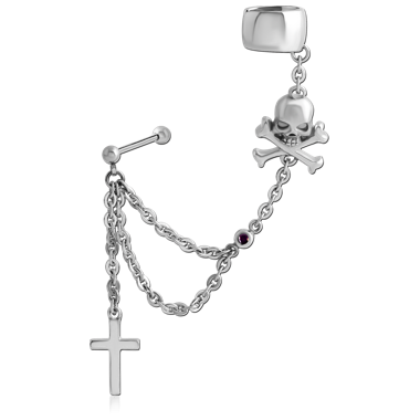 STERILE SURGICAL STEEL JEWELED EAR CUFF CHAIN WITH CROSSBONES SKULL AND CROSS