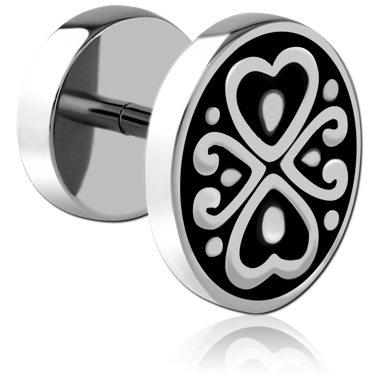 FAKE PLUG BLACK AND WHITE HEARTS PATTERN OVAL DISC