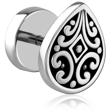 FAKE PLUG TEARDROP SCROLL INLAY BLACK BACKGROUND DOUBLE SIDED DESIGN