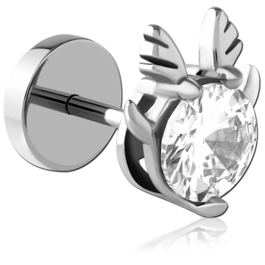 FAKE PLUG CLEAR GEM WITH WINGED PRONGS DOUBLE SIDED DECORATIVE DESIGN