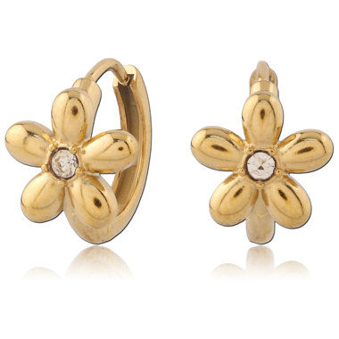 316L GOLD PVD 18K COATED SURGICAL STEEL HUGGIES FLOWER FRONT CLEAR CENTER GEM