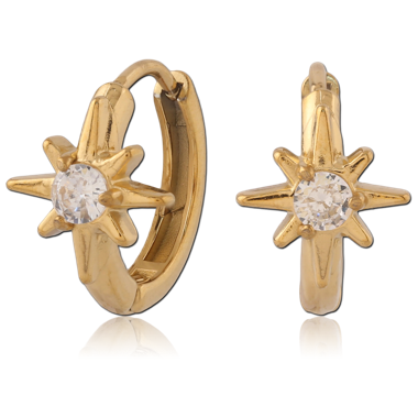 316L GOLD PVD 18K COATED SURGICAL STEEL HUGGIES STARBURST CLEAR CENTER GEM