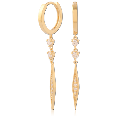 GOLD PLATED 18K STERLING SILVER 925 HUGGIE WITH DOUBLE HEART AND SPIKE CHARMS