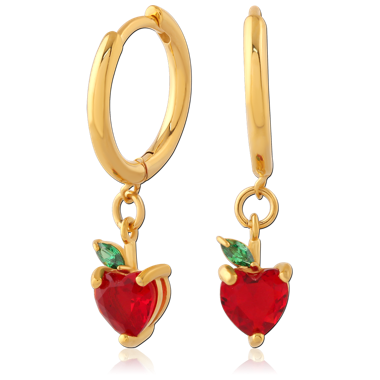 GOLD PVD COATED SURGICAL STEEL HUGGIE EARRINGS WITH RED HEART AND LEAF CHARM