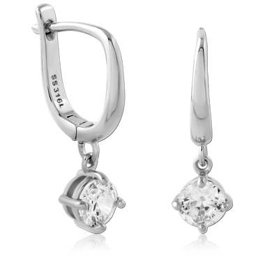 316L SURGICAL STEEL HUGGIES WITH ROUND CLEAR GEM DANGLE PRONG SET