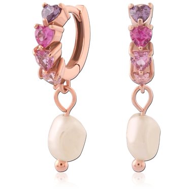 316L ROSE GOLD PVD COATED SURGICAL STEEL HUGGIES PAIR JEWELED WITH PEARL CHARMS