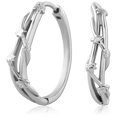 SURGICAL STEEL HUGGIE EARRINGS PAIR DOUBLE BAND WITH LEAF VINE DESIGN
