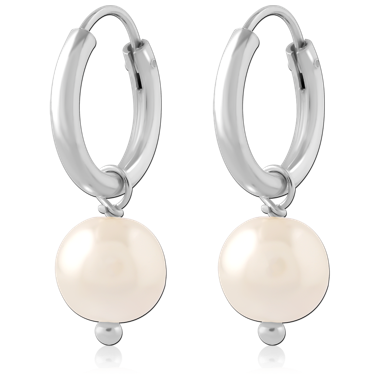 STERLING SILVER 925 HUGGIES SMOOTH HOOP WITH ROUND PEARL DROP CHARM