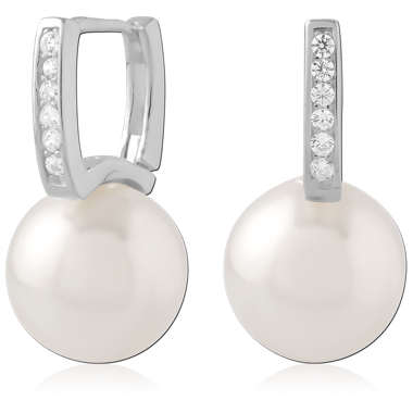 STERLING SILVER 925 HUGGIES CLEAR JEWELED ROW WITH PEARL DROP CHARM