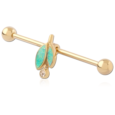 316L GOLD PVD 18K COATED SURGICAL STEEL INDUSTRIAL BARBELL WITH OPAL LEAF CHARM