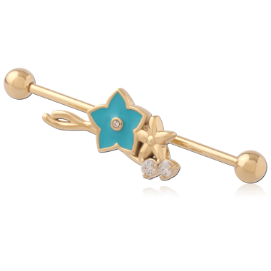 316L GOLD PVD 18K COATED SURGICAL STEEL INDUSTRIAL BARBELL WITH SLIDING CHARM