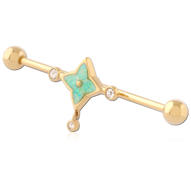 316L GOLD PVD 18K COATED SURGICAL STEEL INDUSTRIAL BARBELL WITH OPAL FLOWER CHARM