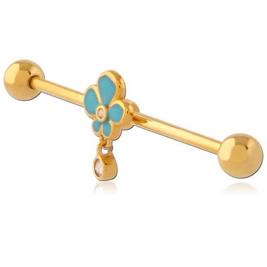 316L GOLD PVD COATED SURGICAL STEEL INDUSTRIAL BARBELL WITH SLIDING CHARM
