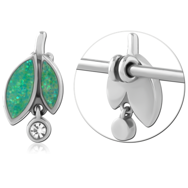 SURGICAL STEEL INDUSTRIAL SLIDING CHARM GREEN OPAL LEAF WITH CRYSTAL DANGLE