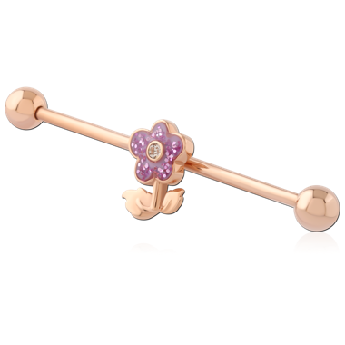 316L ROSE GOLD PVD COATED SURGICAL STEEL INDUSTRIAL BARBELL WITH PURPLE FLOWER SLIDING CHARM