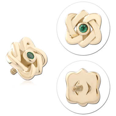 14K YELLOW GOLD INTERNAL THREADED ATTACHMENT FOR 1.2MM KNOT FLOWER GREEN CENTER GEM
