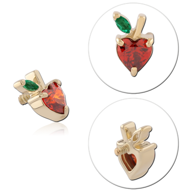 14K YELLOW GOLD INTERNAL THREADED ATTACHMENT FOR 1.2MM TOP RED HEART GEM WITH GREEN LEAF