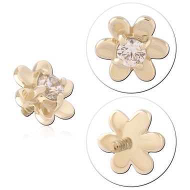 14K YELLOW GOLD INTERNAL THREADED ATTACHMENT FOR 1.2MM TOP SIX PETAL FLOWER WITH ROUND GEM