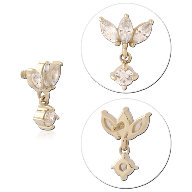 14K YELLOW GOLD INTERNAL THREADED ATTACHMENT FOR 1.2MM TOP TRIPLE MARQUISE GEMS WITH SQUARE GEM CHARM