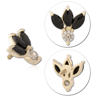 14K YELLOW GOLD INTERNAL THREADED ATTACHMENT FOR 1.2MM TOP BLACK MARQUISE CLUSTER WITH ROUND GEM