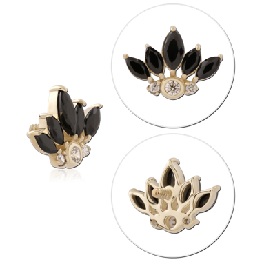 14K YELLOW GOLD INTERNAL THREADED ATTACHMENT FOR 1.2MM TOP BLACK MARQUISE FAN WITH THREE ROUND GEMS