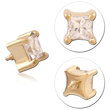 316L GOLD PVD 18K COATED SURGICAL STEEL INTERNAL THREADED TOP PRINCESS CUT GEM