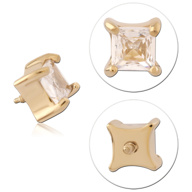 316L GOLD PVD 18K COATED SURGICAL STEEL INTERNAL THREADED TOP SQUARE GEM PRONG